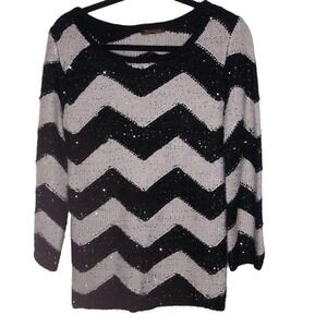 Baccini Chevron Sweater Women S VNeck Black Silver Metallic Striped Vintage Glam